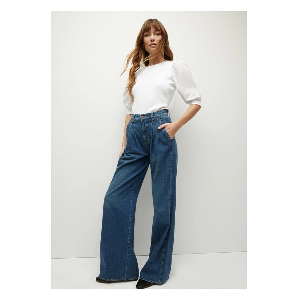 New! VERONICA BEARD Mia Pleated High Waist Wide Leg Jeans - Picture 4 of 11